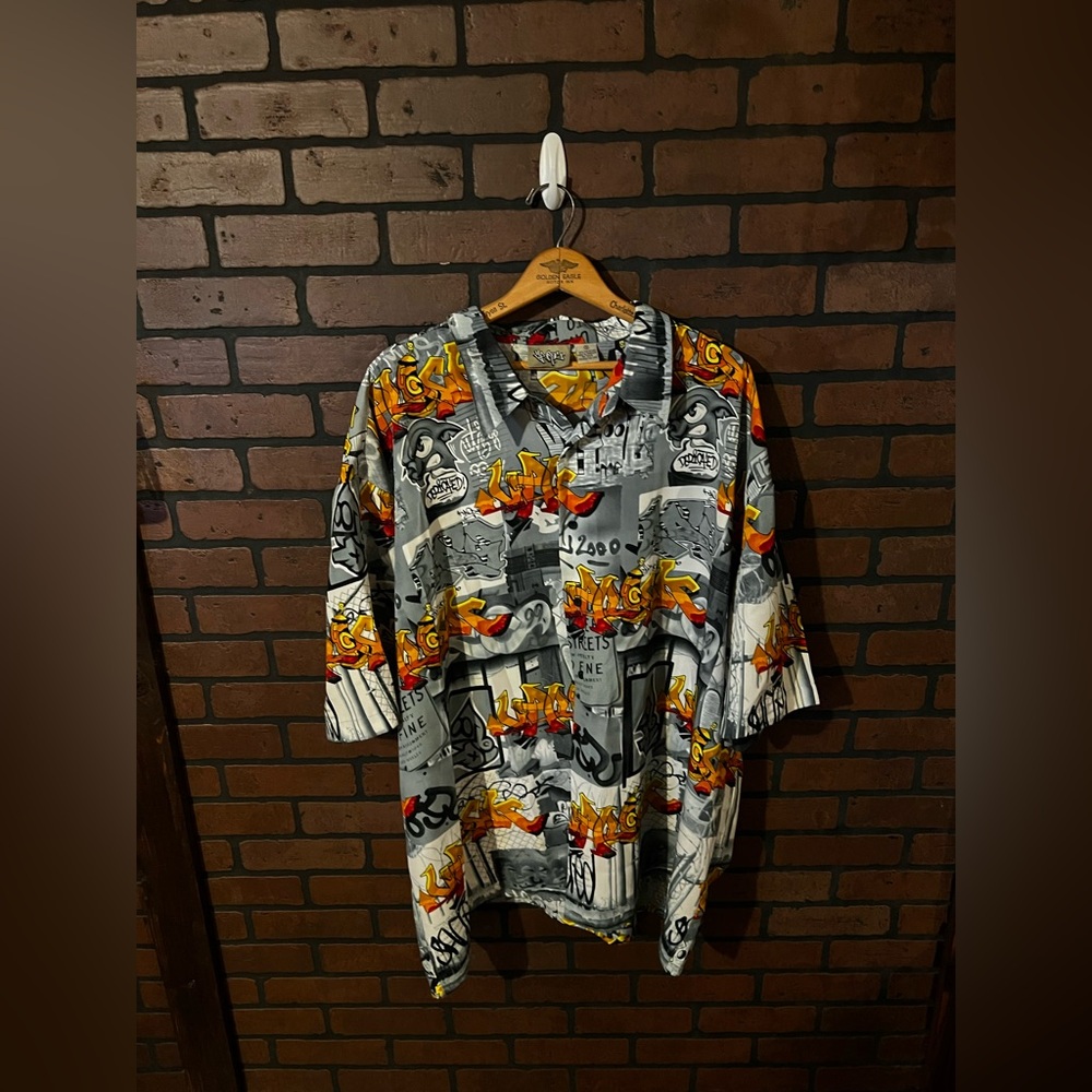 NWOT Vintage 3XL Up Rock Y2K Dog Gray Short Sleeve Hawaiian Button Up Shirt